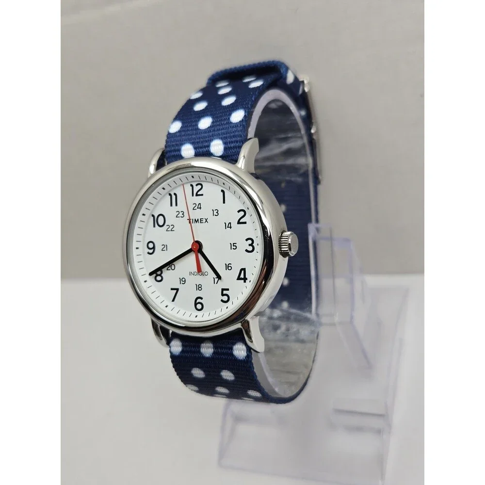 Timex Weekender Dots Womens 38mm Indiglo Blue Polka Dot Quartz Watch New Battery